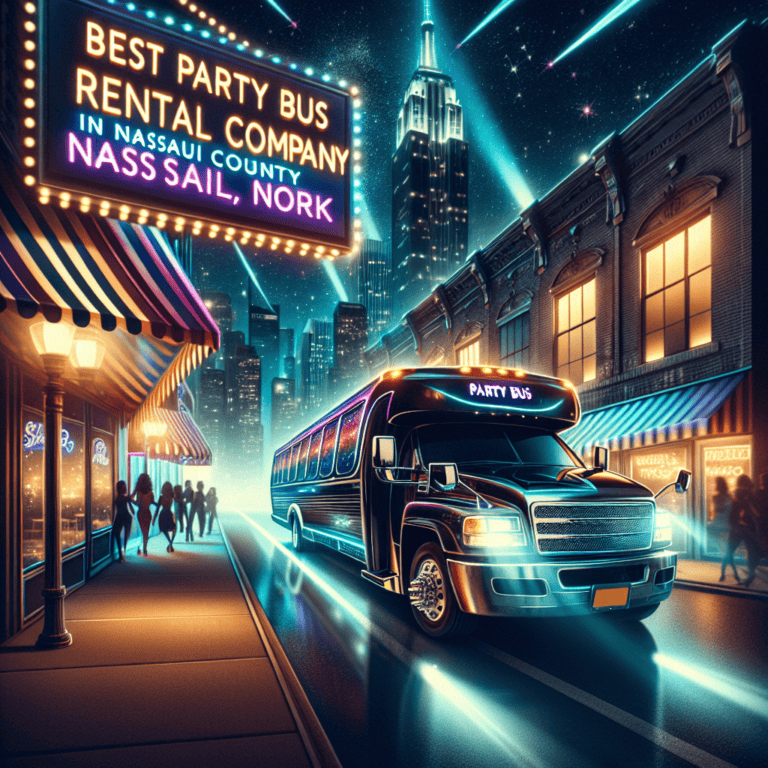Neon-lit party bus driving through city nightlife