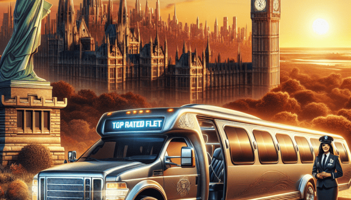 Luxury limo with global landmarks at sunset