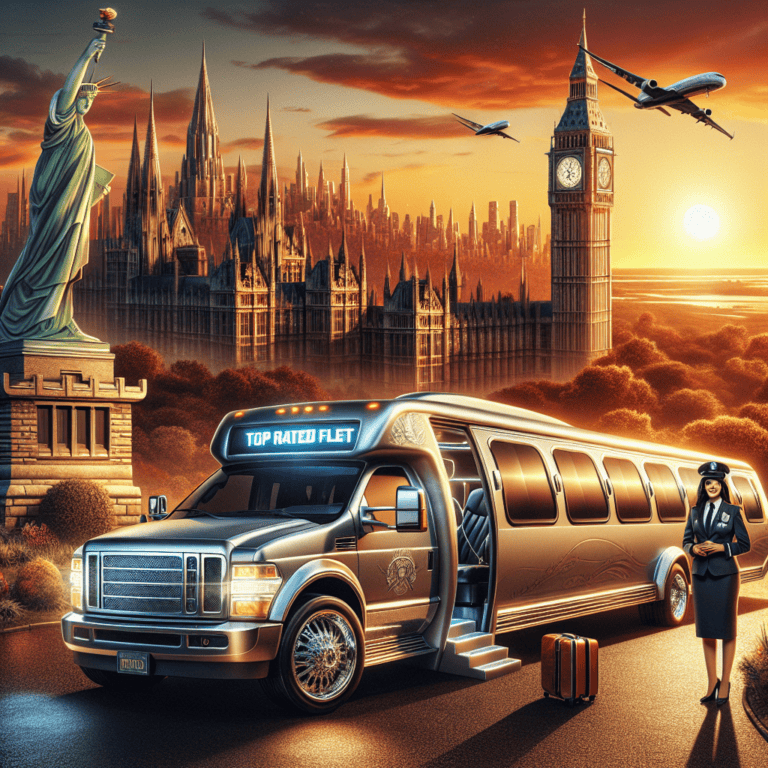Luxury limo with global landmarks at sunset
