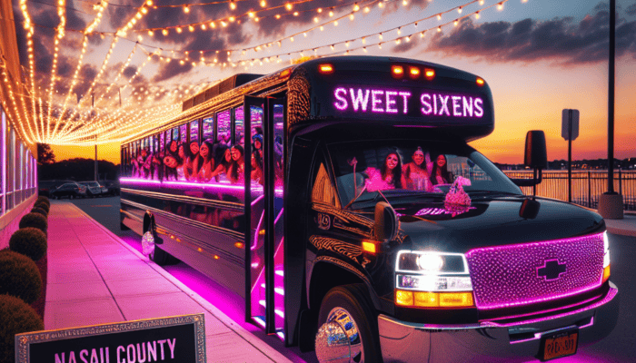 Pink-lit party bus for sweet sixteen at sunset