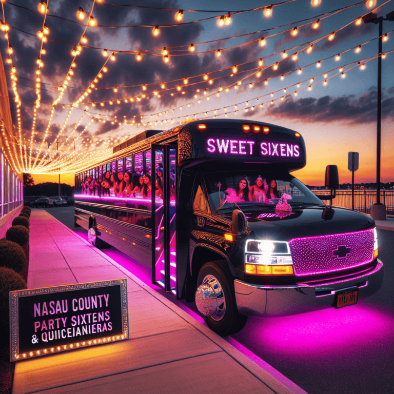 Pink-lit party bus for sweet sixteen at sunset