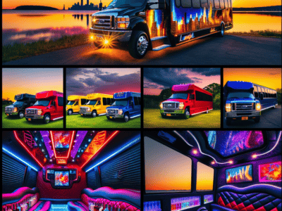 Luxury party bus with neon interior at sunset