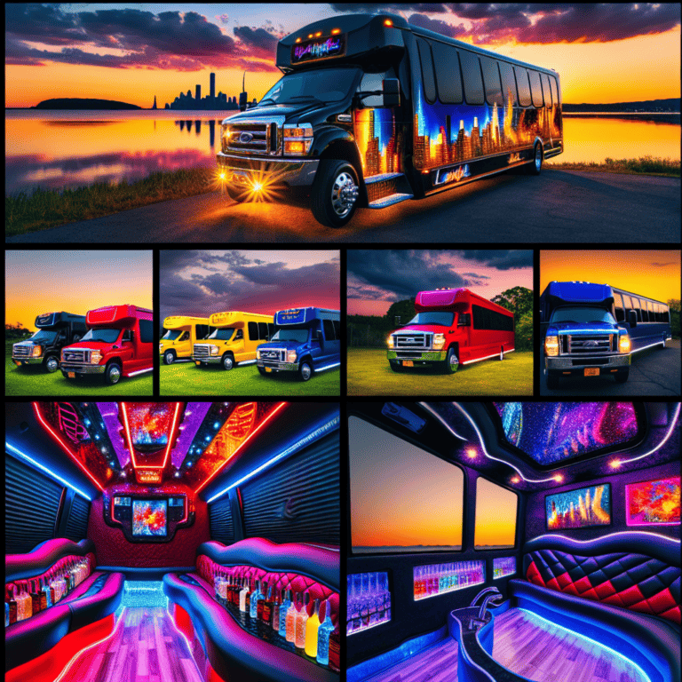 Luxury party bus with neon interior at sunset
