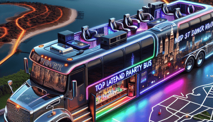 Neon-lit luxury party bus overlooking city skyline at night