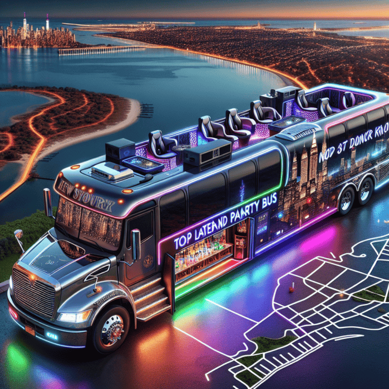Neon-lit luxury party bus overlooking city skyline at night
