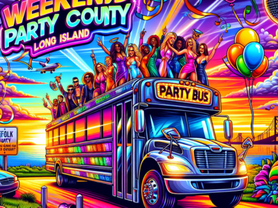 Colorful party bus with dancing crowd at sunset