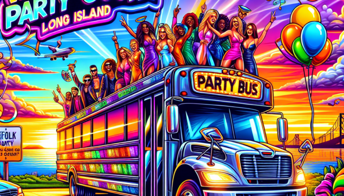 Colorful party bus with dancing crowd at sunset