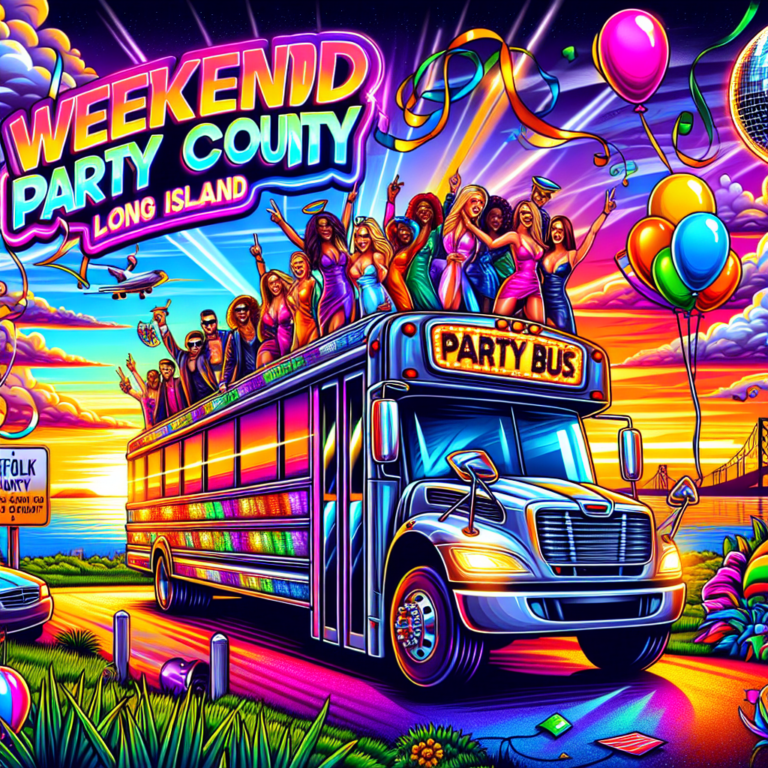 Colorful party bus with dancing crowd at sunset