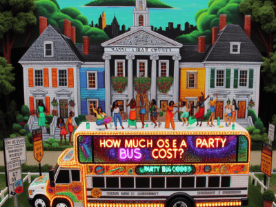 Colorful party bus outside courthouse with neon sign