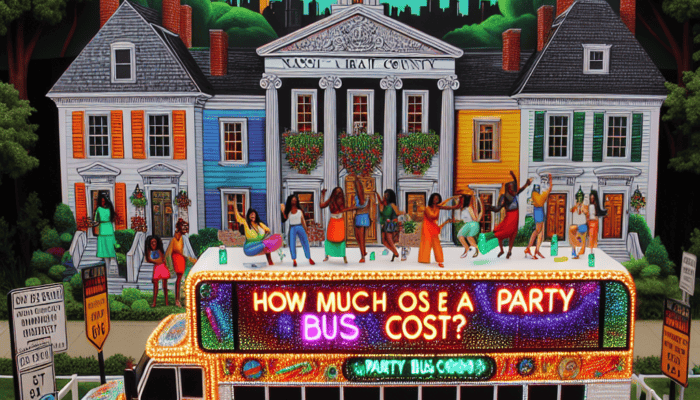 Colorful party bus outside courthouse with neon sign