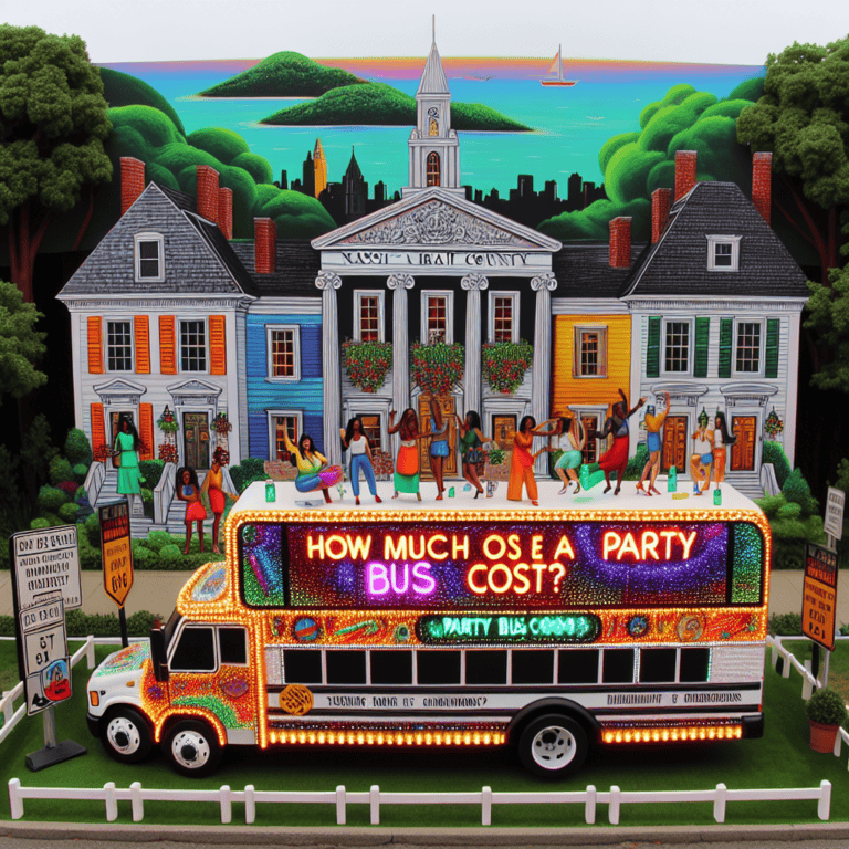 Colorful party bus outside courthouse with neon sign