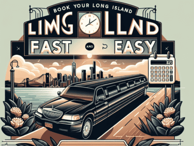 Long Island limousine service advertisement with city skyline.