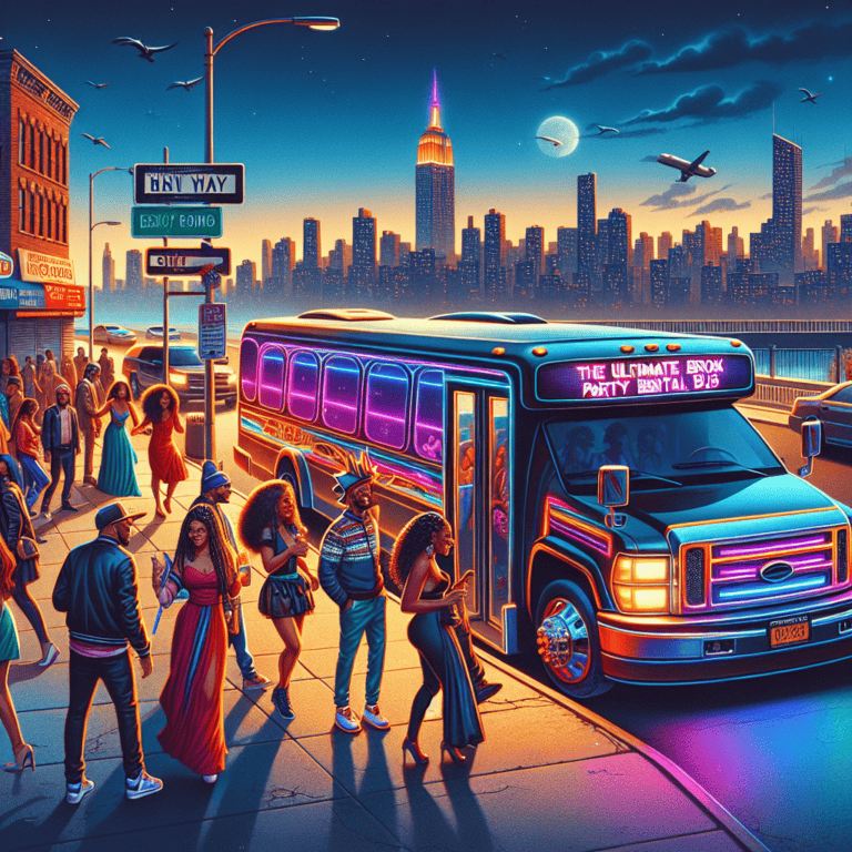 Neon party bus with city skyline at night
