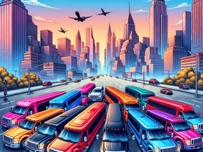 Colorful buses blocking city street with skyline and planes