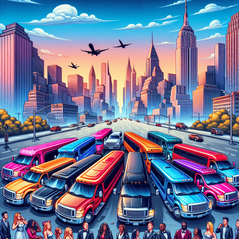 Colorful buses blocking city street with skyline and planes