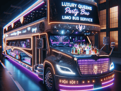 Glittering neon luxury party bus at night