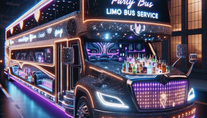Glittering neon luxury party bus at night