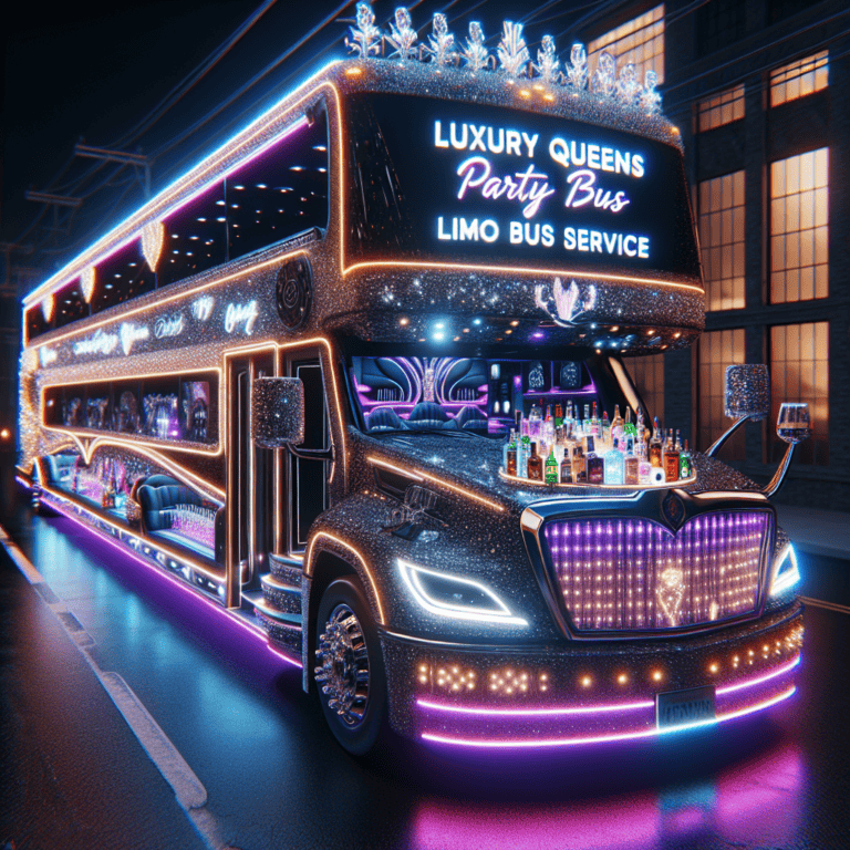 Glittering neon luxury party bus at night
