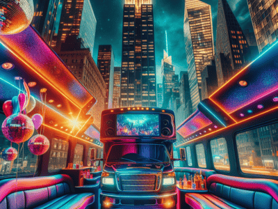 Neon-lit party bus interior with city skyline