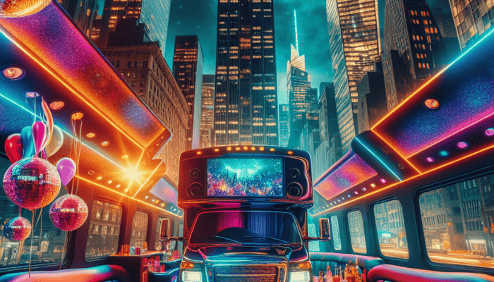 Neon-lit party bus interior with city skyline