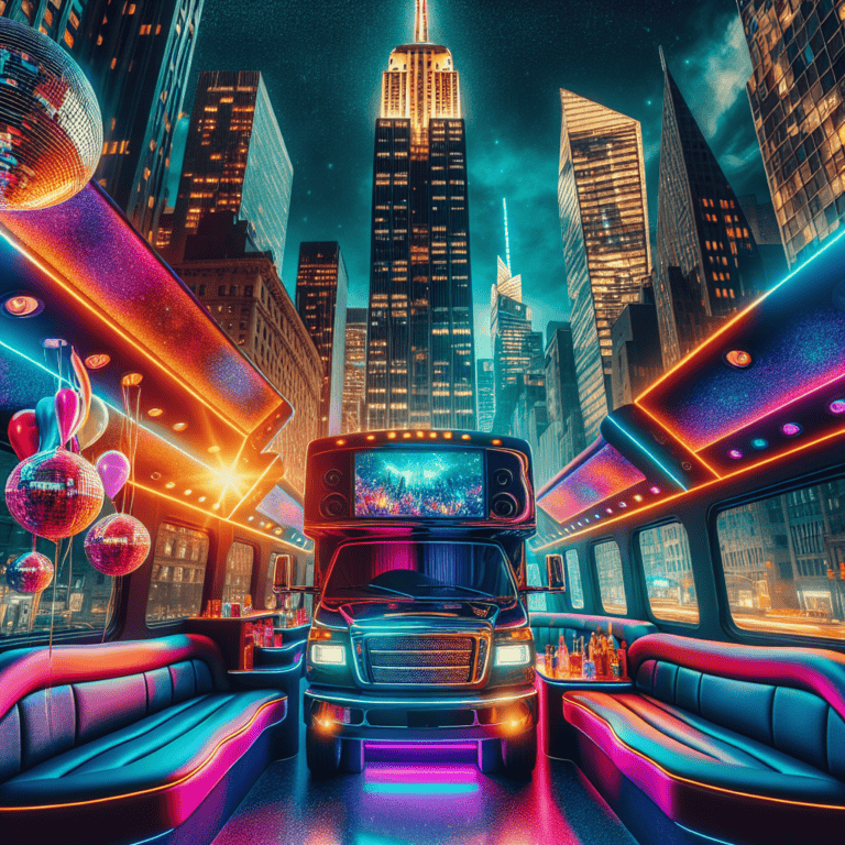 Neon-lit party bus interior with city skyline