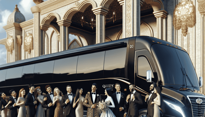 Wedding party posing by luxury bus and palace