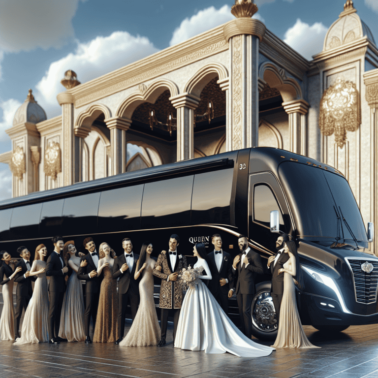 Wedding party posing by luxury bus and palace