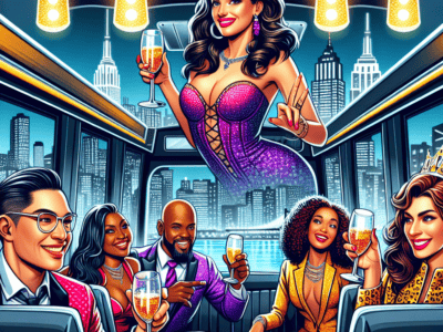 Friends celebrating with champagne on NYC party bus