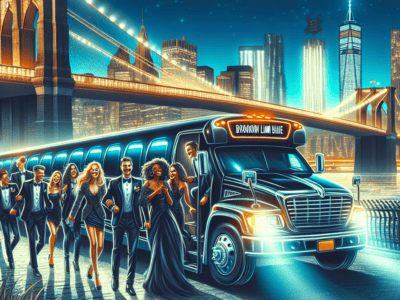 Elegant group exiting limo near Brooklyn Bridge at night