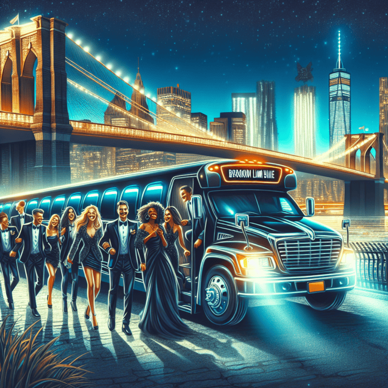 Elegant group exiting limo near Brooklyn Bridge at night