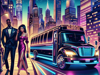 Stylish couple beside neon party bus downtown at night