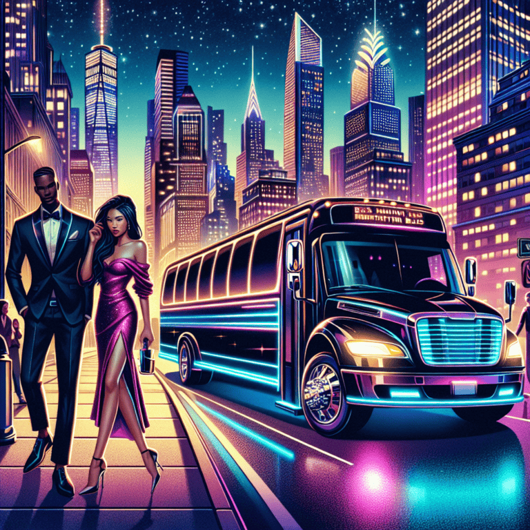 Stylish couple beside neon party bus downtown at night