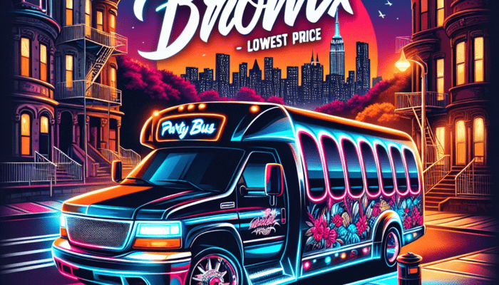 Neon party bus in Bronx cityscape at night