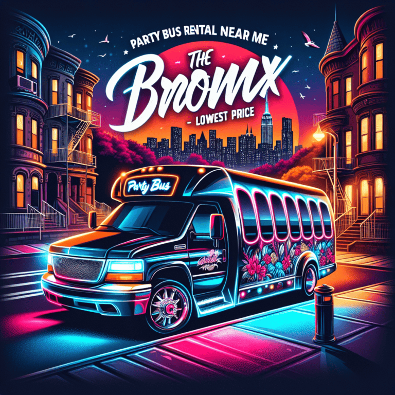 Neon party bus in Bronx cityscape at night