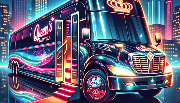 Neon party bus with red carpet city night