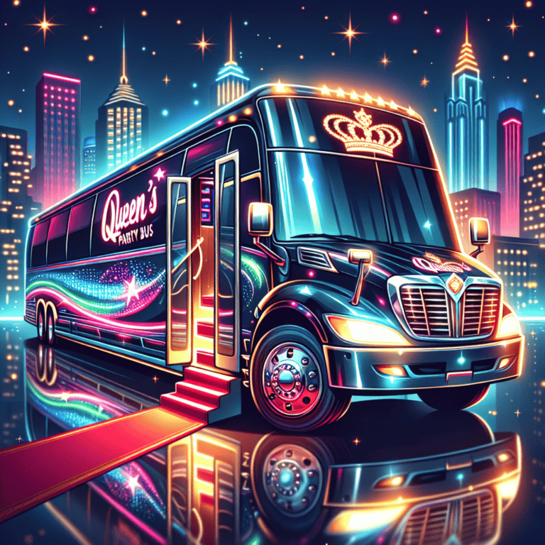 Neon party bus with red carpet city night