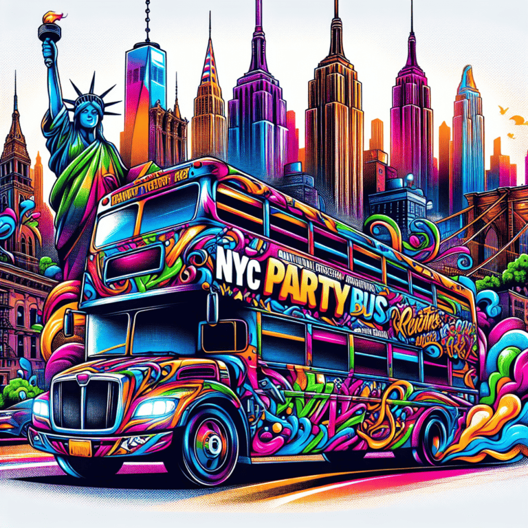 Colorful NYC party bus with skyline and Statue of Liberty