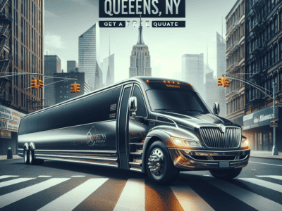 Black limo bus in Queens, New York street