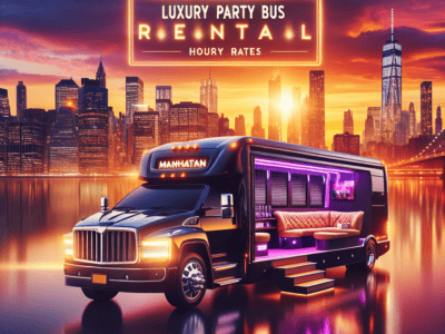 Manhattan luxury party bus rental at sunset skyline