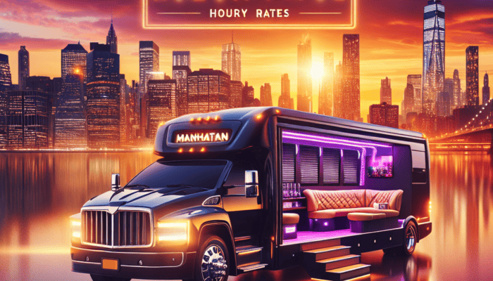 Manhattan luxury party bus rental at sunset skyline
