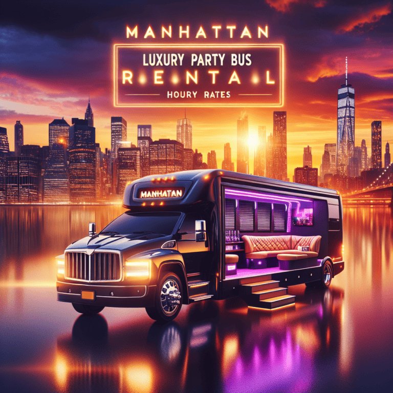 Manhattan luxury party bus rental at sunset skyline