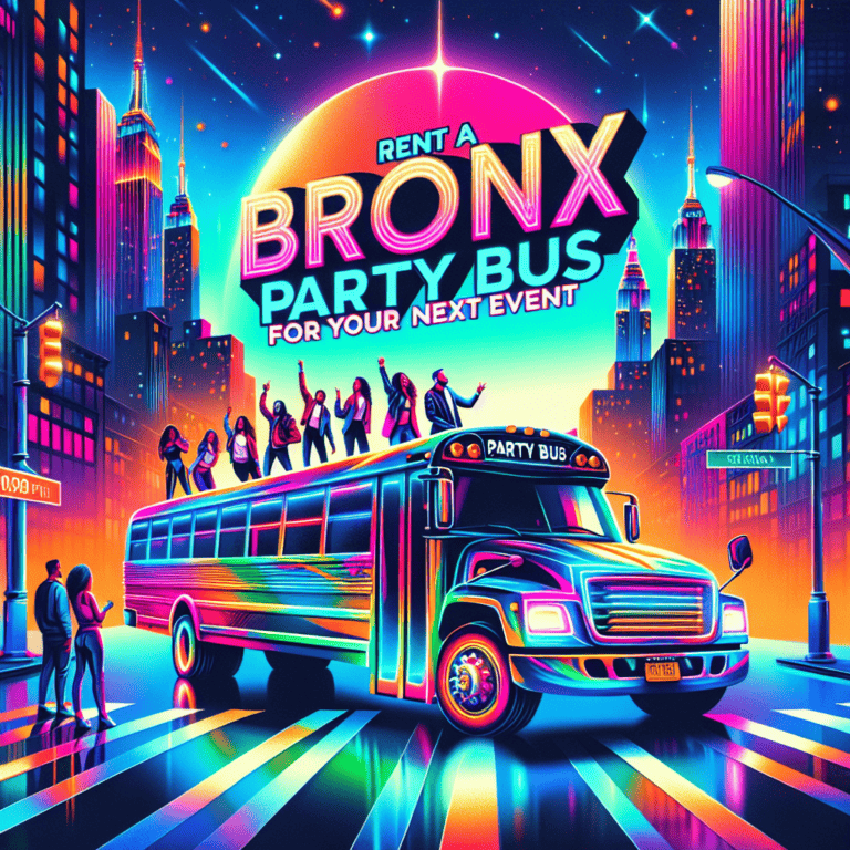 Neon city party bus advertisement with dancing crowd