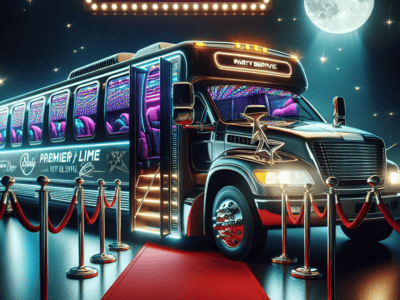 Luxury neon-lit party bus on red carpet