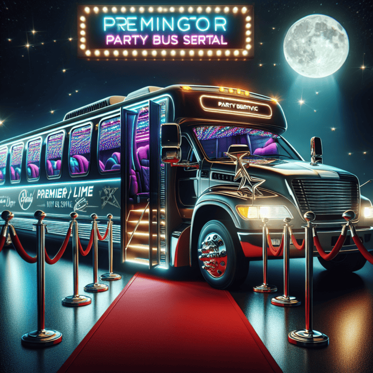 Luxury neon-lit party bus on red carpet