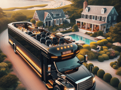 Luxury rooftop party bus by coastal mansion and beach