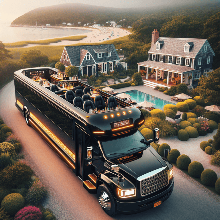 Luxury rooftop party bus by coastal mansion and beach