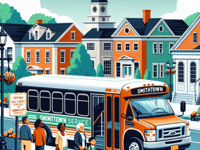 People boarding Smithtown service bus in suburban neighborhood