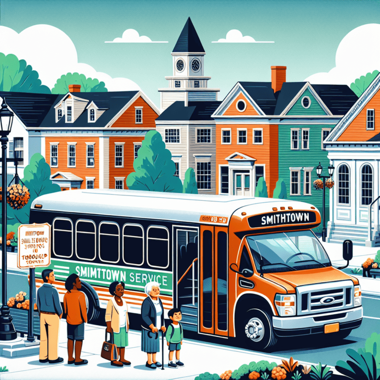 People boarding Smithtown service bus in suburban neighborhood