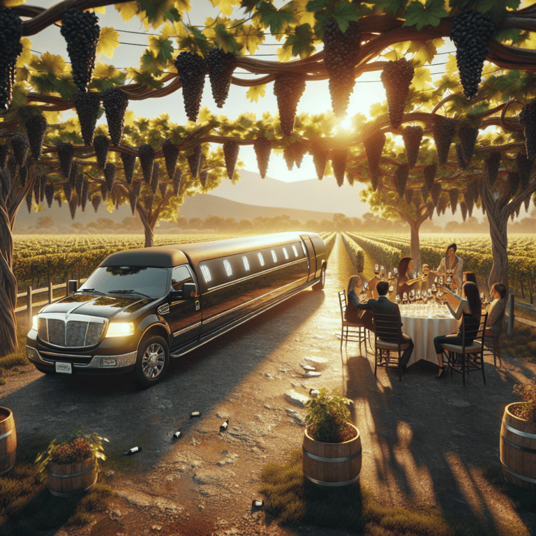 Limousine beside vineyard dinner under grapevines at sunset