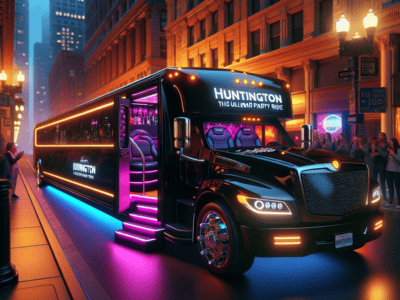 Neon-lit luxury party bus on city street